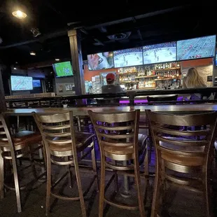 Several rows of bar seating for a good view of TVs.