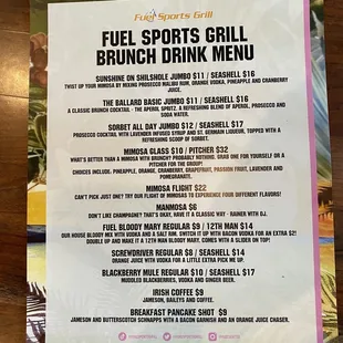 Brunch drink menu