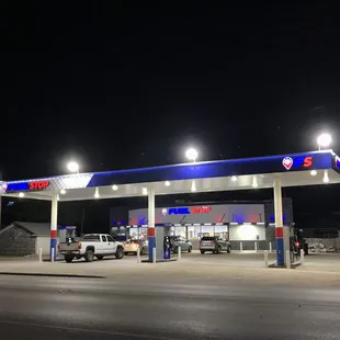 a gas station at night