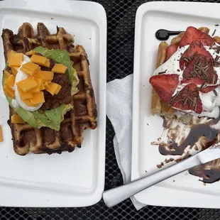 Captures waffle - left, strawberries and cream waffle - right