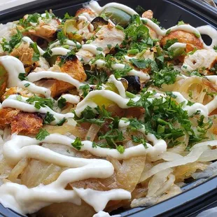 Chicken Kabob Bowl with rice, grilled onions, parsley and garlic sauce. Lettuce base is also a choice for less carbs. $12.45