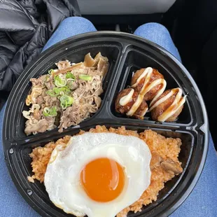 Okonomiyaki bento with beef on top, takoyaki, and chicken tomato rice with egg
