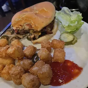 Fugley&apos;s Famous Burger with tots