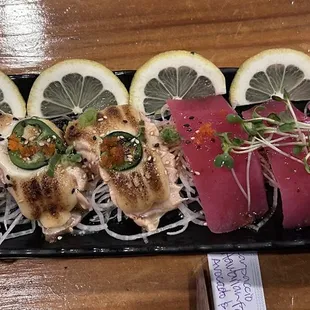Sashimi carpaccio with garlic salmon &amp; tuna