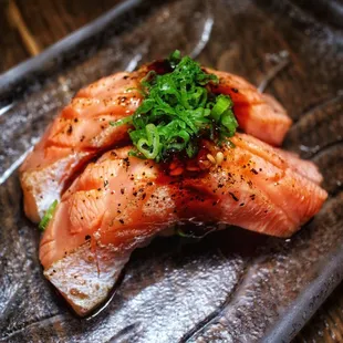 two pieces of salmon on a plate
