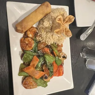 Thai Basil lunch portion. Comes with an eggroll, crab ragoon, and soup. So very good!!!!!