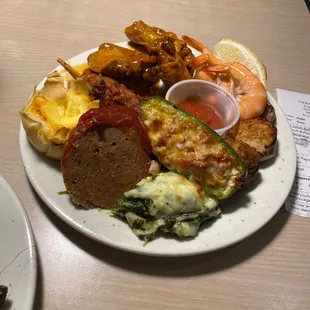 Egg custard bake, stuffed Jalapeño pepper, shrimp cocktail, wings, chicken satay, italian sausage (self cutting to your liking)