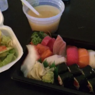 Fresh sushi, miso soup, and salad delivered to your front door at a fair price!