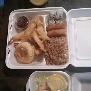 Shrimp tempura bento box with miso soup and salad. 7.95