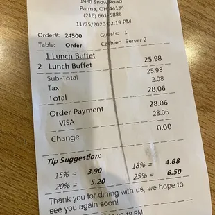 the receipt for the meal