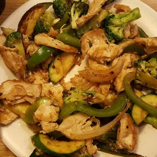 Hibachi, all veggies and chicken; no noodles. SO good! No unnecessary carbs, and the guy will cook it how you like it.