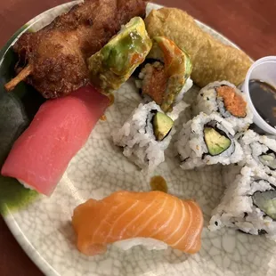 Sushi, Teriyaki chicken,egg roll