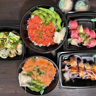 a variety of sushi dishes