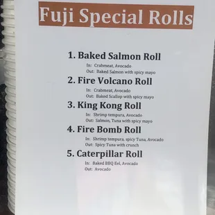 Fuji Special Rolls Menu