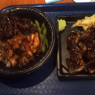 Chicken &amp; Tokyo Steak Rice Bowl (Left) Super California Roll (Right)