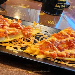 Tuna Chips: fried wonton skin, spicy tuna, eel sauce &amp; spicy mayo