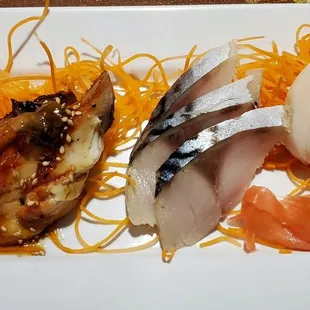 Sashimi: shrimp, eel, mackerel, escolar (white tuna)