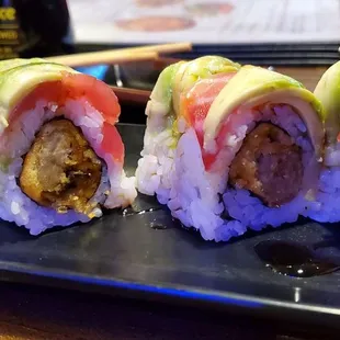 Ninja roll: fried oyster &amp; spicy mayo inside; tuna, avocado &amp; red snapper on top, with eel sauce.
