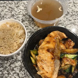 Hibachi Lunch Special -- Chicken and Salmon teriyaki with Vegetables and Fried Rice and a bowl of Mushroom Soup