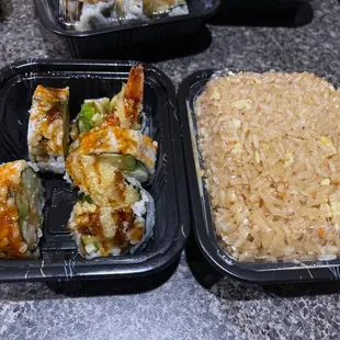 Tempura Sushi (which I accidentally flipped over carrying into house) and side of fried rice