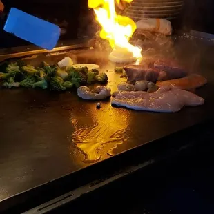 Steak, salmon, chicken and veggies