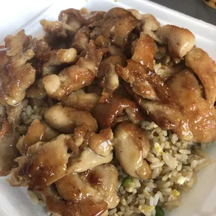 A picture of chicken and fried rice in a Styrofoam box. (1)