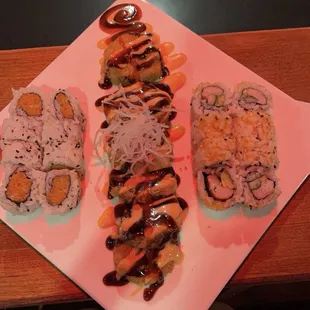Spicy tuna, Firecracker, and California rolls