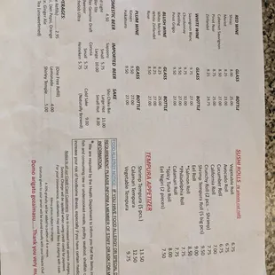 Drink side of the menu.
