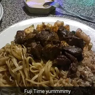 Chicken liver noodles and fried rice