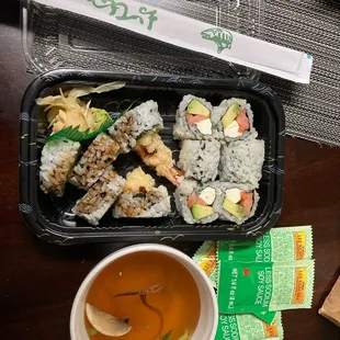 Philadelphia Roll 5 Piece, Shrimp Tempura Roll, Miso Soup
