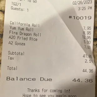 Carry-out order for 3 rolls, a side of fried rice, and gyoza $45 after tax and before tip (2/26/23)