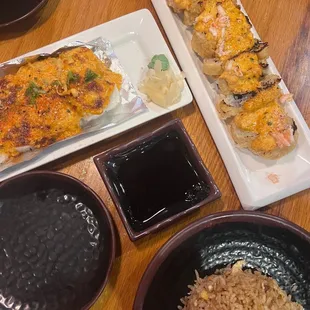 Volcano roll (left) and Ninja roll (I think) with fried rice (bottom)