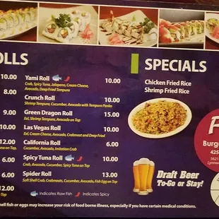 a menu for sushi rolls and specials