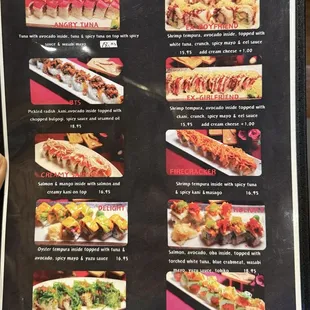 Sushi rolls menu