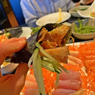 Salmon Skin Hand Roll with cucumber - no rice