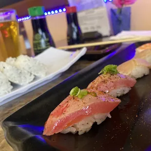 Seared Cajun tuna, albacore. Sapporo beer.