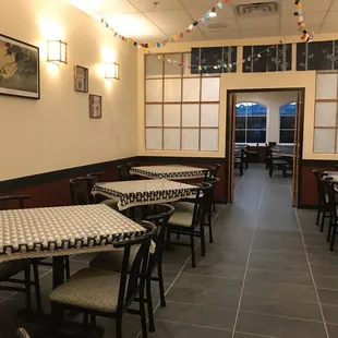 empty dining room with tables and chairs