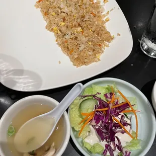 Fried rice, soup, and salad