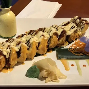 NC Roll (crab, avocado, cream cheese) then fried and topped with delicious eel sauce and chefs special sauces.