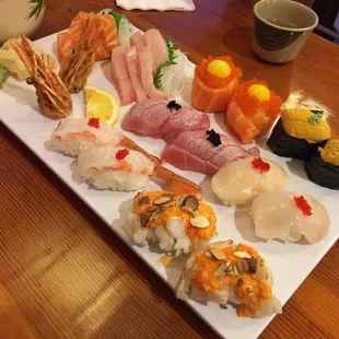 Sashimi: salmon and hamachi Nigiri: sunrise, uni, toro, hotate scallop, amaebi, baby lobster
