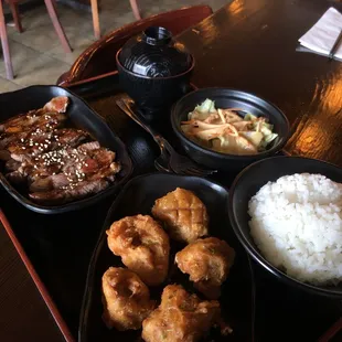 Lunch special with Beef Teriyaki and Chicken Karaage