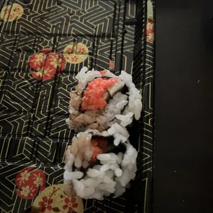 Spicy tuna roll wasn't what we expected. It was chopped up like a purée. Not great.