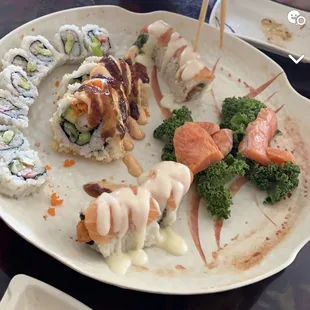 Left to Right: California Roll, Shrimp Tempura, Salmon Crunch, Salmon Sashimi