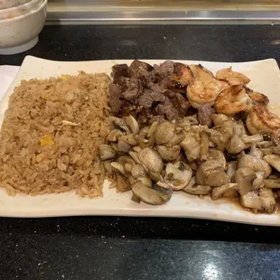 Hibachi Steak &amp; Shrimp combination meal with fried rice &amp; only mushrooms for vegetables