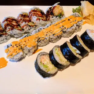 Boston roll, spicy California roll, and tempura shrimp roll.