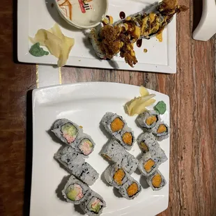 Soft shell crab roll (ask them to not make it with lettuce), spicy tuna, spicy salmon, &amp; rainbow roll.