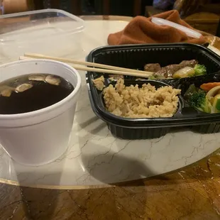 Steak hibachi lunch with onion soup
