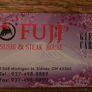 cards are now available at Fuji sushi and steak house!