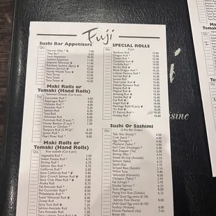 Sushi menu