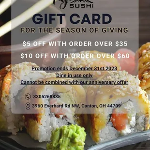 Check out our yearly holiday gift cards at Fuji Sushi!